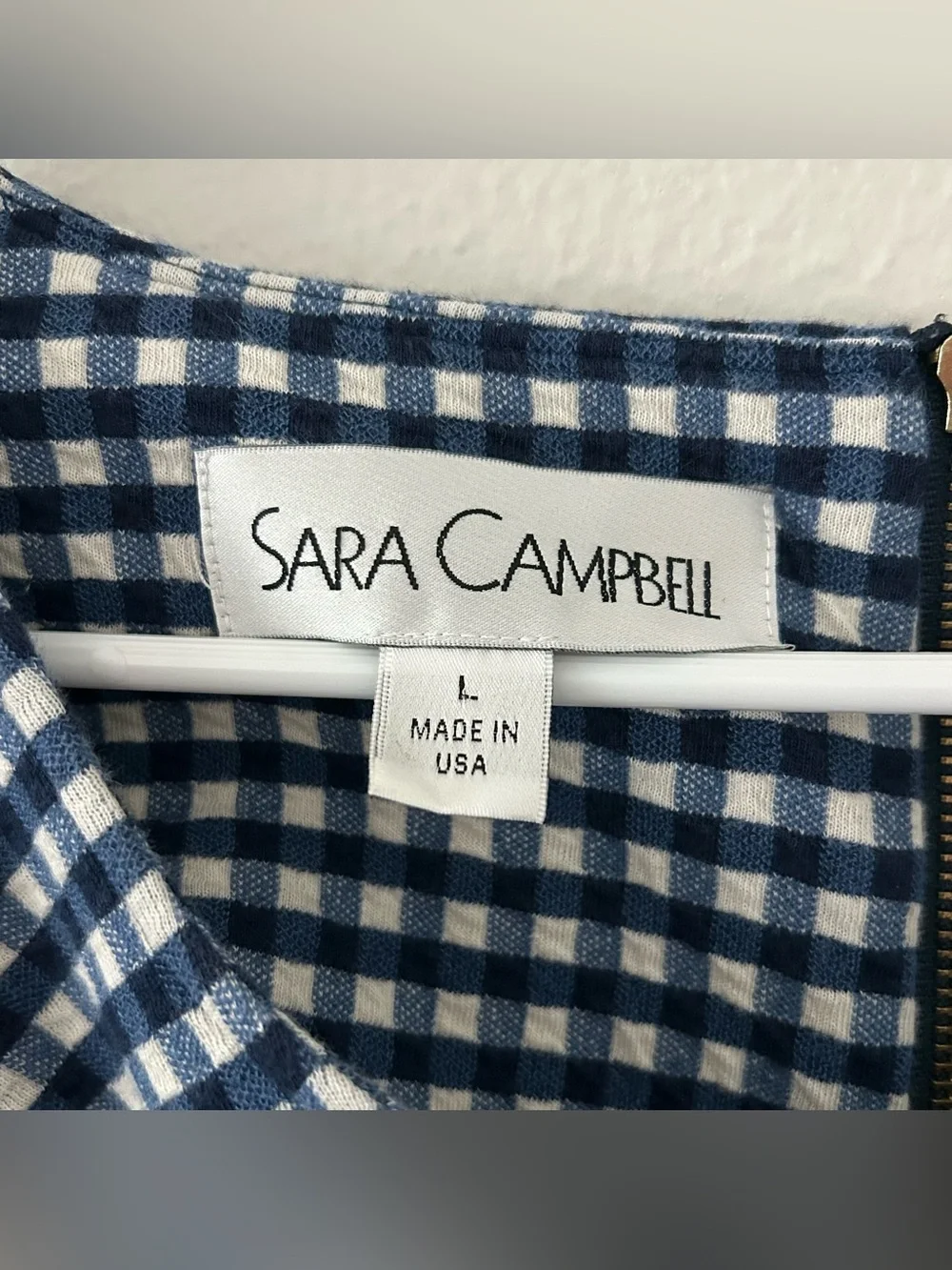 Sara Campbell Blue White Gingham Check Shift Dress Womens Size L Preppy Classic